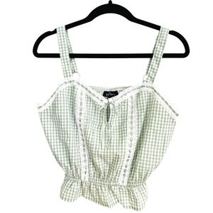 Self Esteem Sage Green Gingham Lace Trim Crop Top Cottagecore Smocked Hem Large